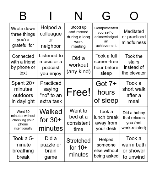 Wellness and Stress Relief Bingo Card