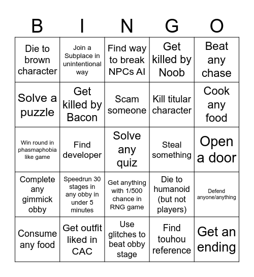 Roblox bingo Card