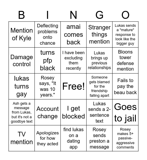 Breakup bingo Card