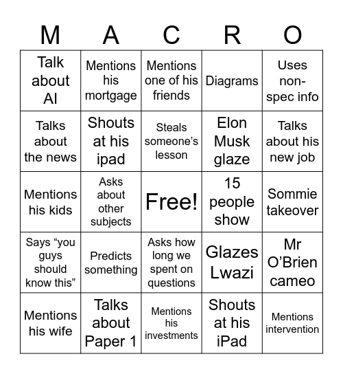 Mr Scourfield Bingo Card