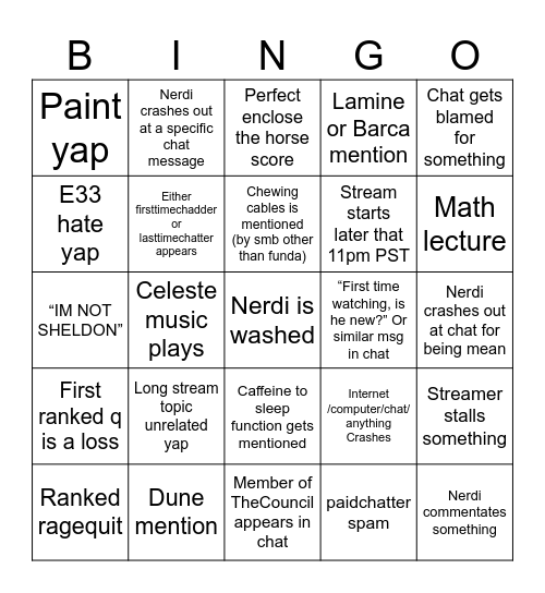 Nerdi stream bingo (funda’s version) Bingo Card