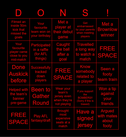 ESSENDON BOMBERS FANS!! Bingo Card