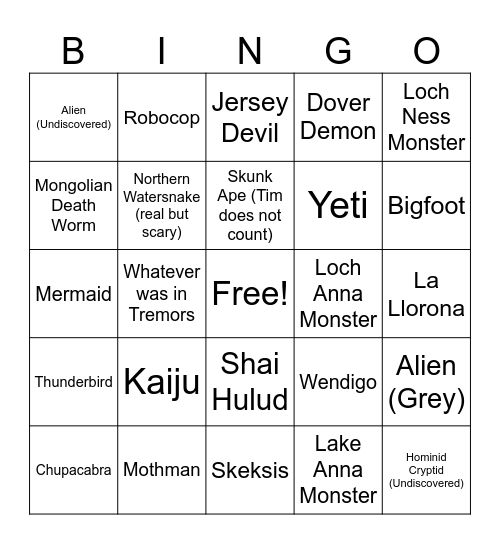 Lake Anna Cryptid Bingo 2026 Bingo Card