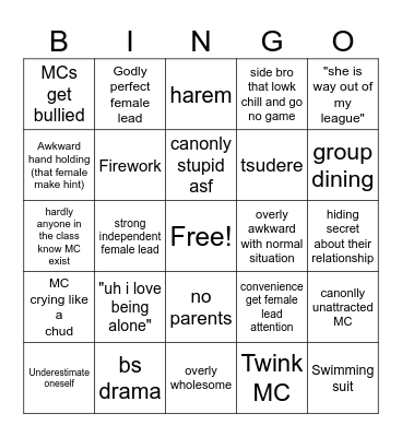 Untitled Anime Romance Bingo Card