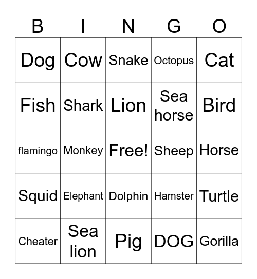 the animals bingo Card