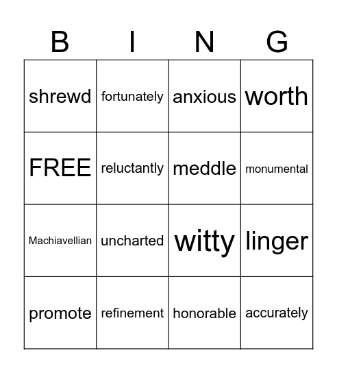 Unit 5 Vocabulary Words Bingo Card