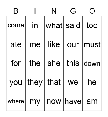 Heart Words Bingo Card
