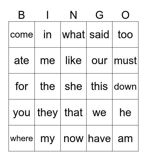 Heart Words Bingo Card