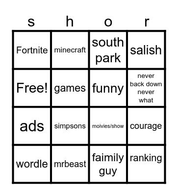 YouTube shorts Bingo Card