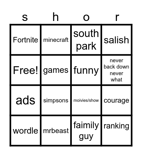 YouTube shorts Bingo Card