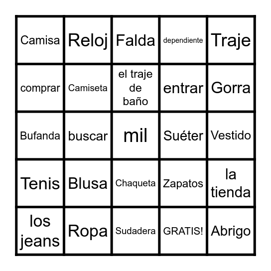 La Ropa Bingo Card