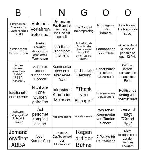 ESC 2026 Bingo Card