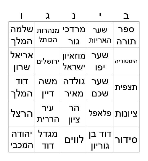 בינגו ירושלים Bingo Card