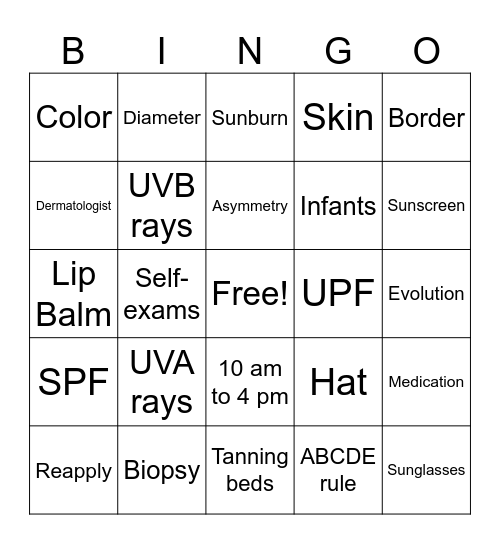 Skin Safety Bingo Card