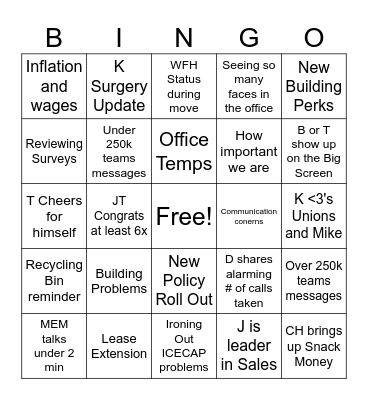 QUARTER ONE Bingo Card
