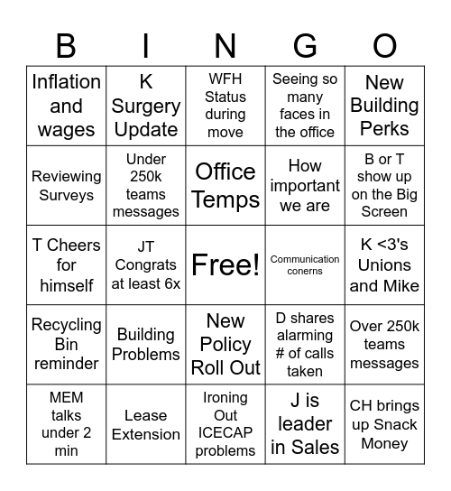QUARTER ONE Bingo Card