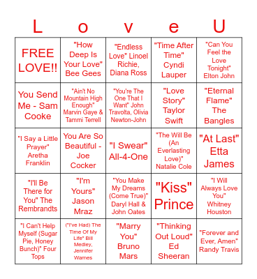 Love Song Bingo Card