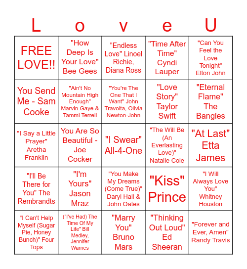 Love Song Bingo Card
