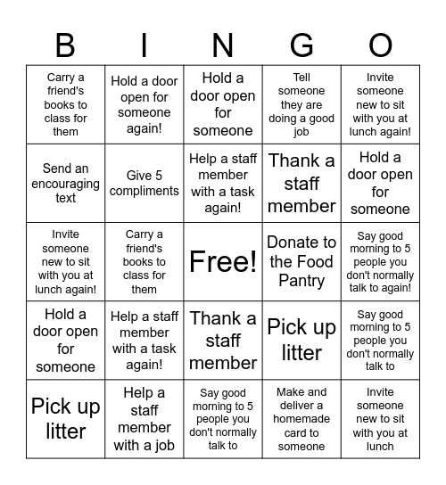 Kindness Week BINGO Card