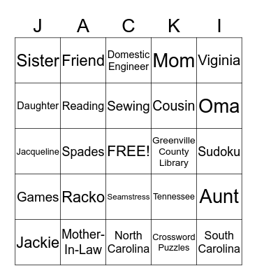 Jackie-O Bingo Card