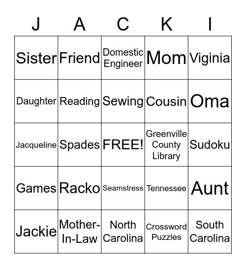 Jackie-O Bingo Card