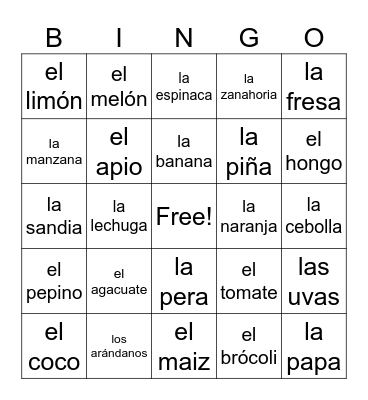 Fruit & Veggies Bingo Card