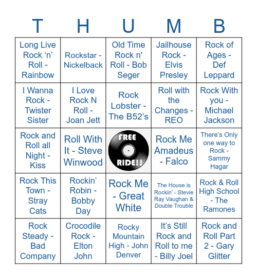 Rock N Roll Titles Bingo Card