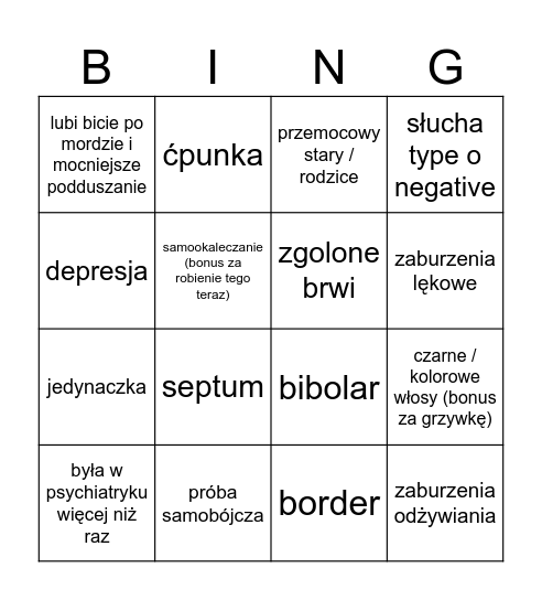 zaburzone laseczki Bingo Card