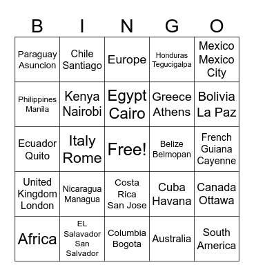 Continents, Countries, Capitals Bingo Card