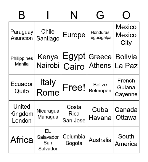 Continents, Countries, Capitals Bingo Card
