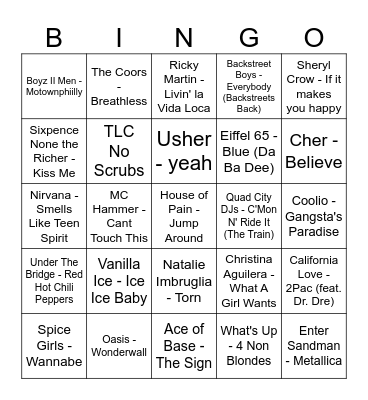 90's Songs Bingo Card