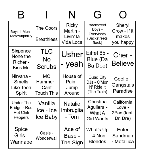 90's Songs Bingo Card