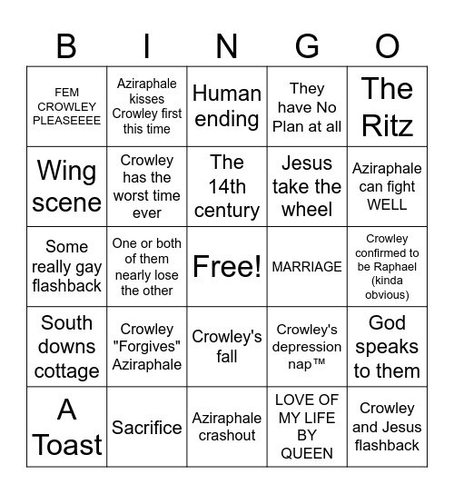Good Omens 3 Bingo Card