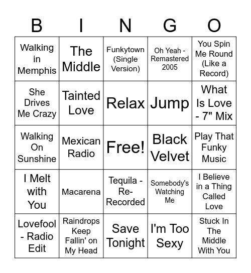 One Hit Wonder Bingo Card