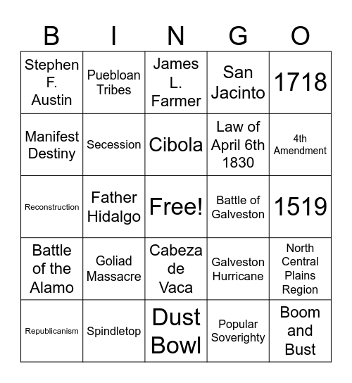 Texas History Bingo Card