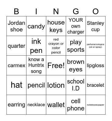Kids only fun Bingo Card