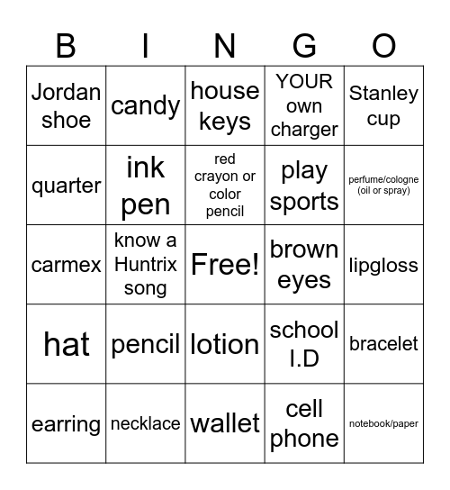 Kids only fun Bingo Card