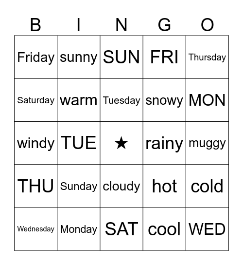7days and Weather Bingo Card