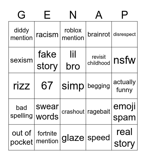 gen alpha kids bingo Card