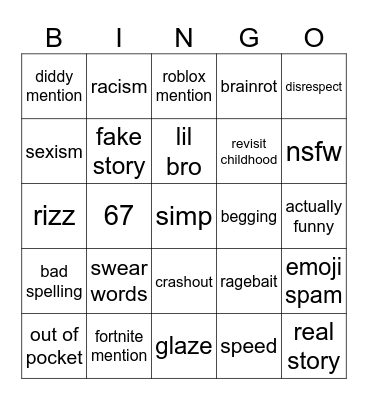 gen alpha kids bingo Card