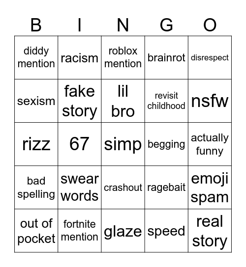 gen alpha kids bingo Card