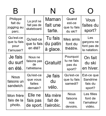 Faire sentences Bingo Card
