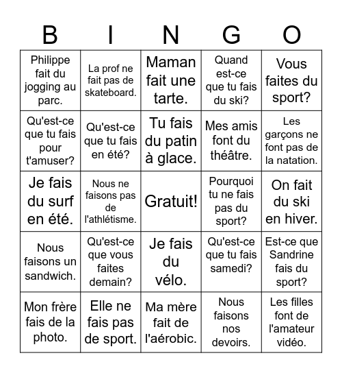 Faire sentences Bingo Card