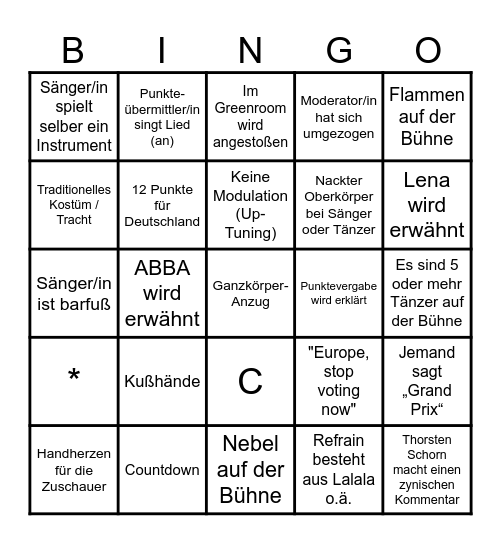 ESC Bingo 2026 Bingo Card