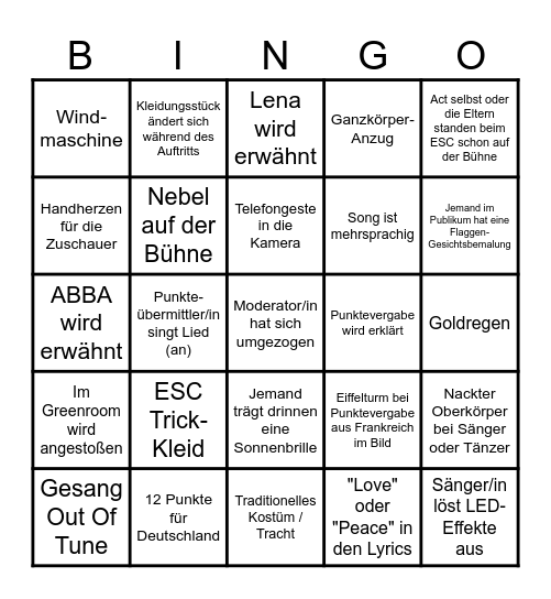 ESC Bingo 2026 Bingo Card