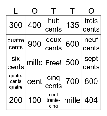 French high numbers Bingo Card