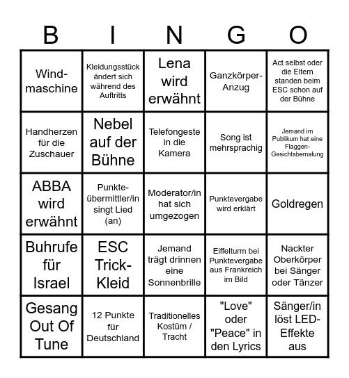 ESC Bingo 2026 Bingo Card