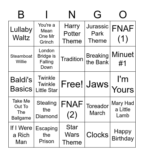 Piano Bingo Card