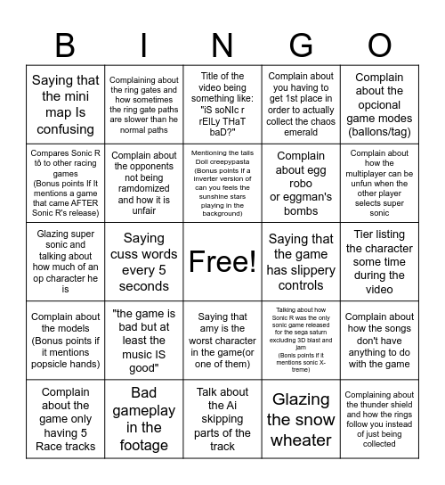 Sonic R Review Bingo (remake) Bingo Card