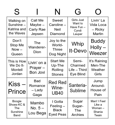 SINGO Bingo Card